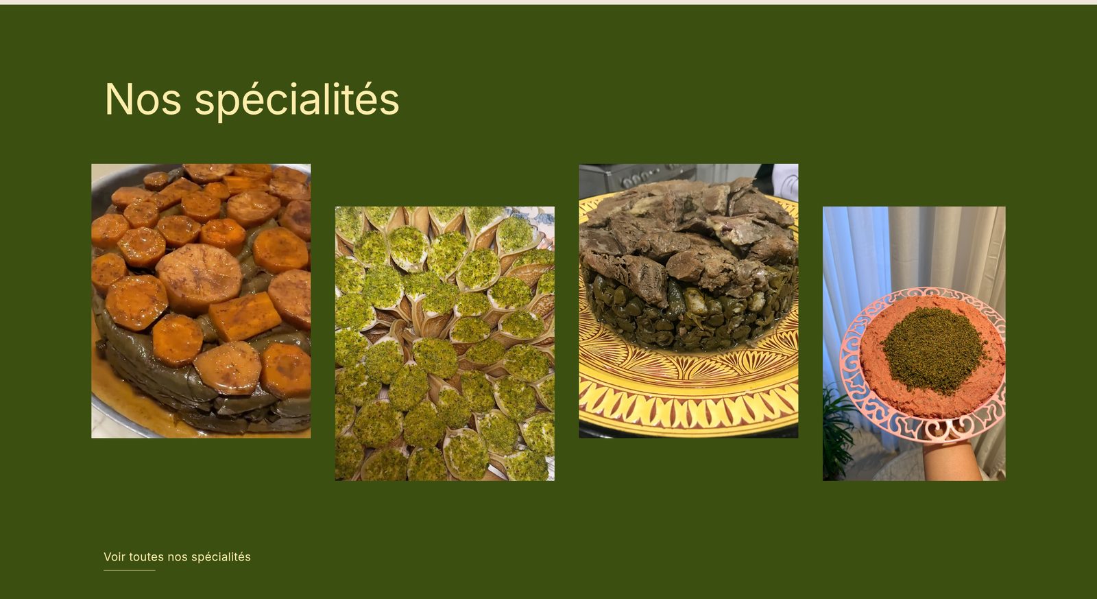 Section « Nos spécialités » du site Beyti, boutique de commande de plats en ligne au Sénégal